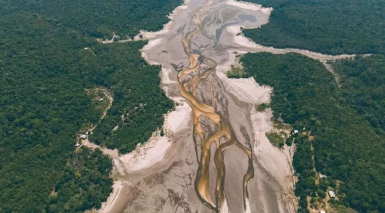 Rio Negro, o 7º mais caudaloso do mundo, com seu leito dramaticamente diminuído, em razão da seca de 2024