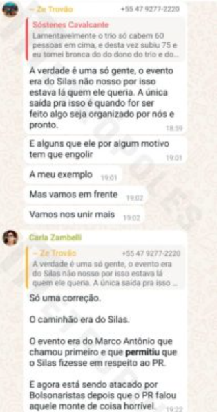 Troca de mensagens entre Carla Zambelli e Zé Trovão. Foto: reprodução
