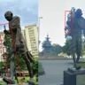 A estátua, antes e depois do vandalismo