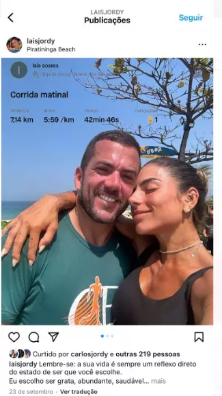 Segunda-feira, 23 de setembro, dia de praia com o marido: “Eu escolho ser grata, abundante, saudável” (crédito: reprodução)
