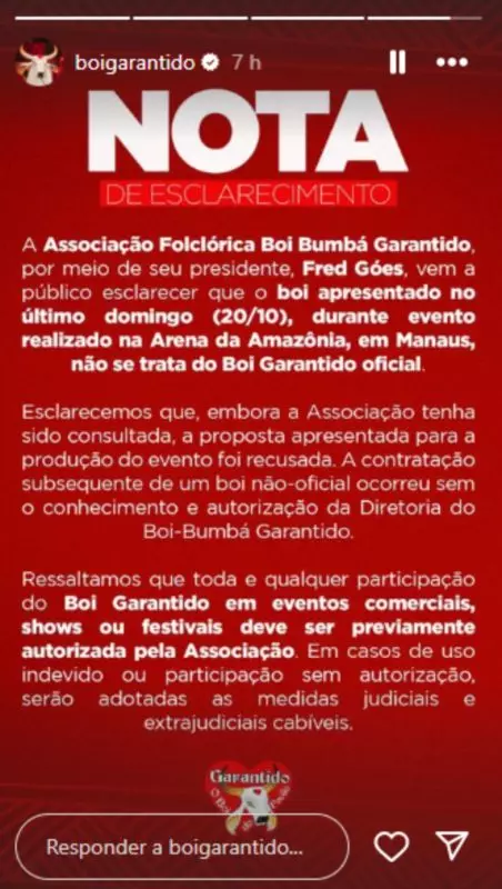 Nota de esclarecimento do Boi Garantido. Foto: Divulgação
