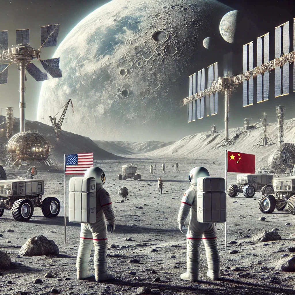 China e EUA competem para dominar a Lua em uma nova corrida espacial que envolve tecnologia e recursos estratégicos. - Imagem: Diário Carioca/ Criada com auxílio de IA