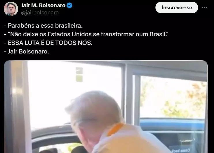 Post em que o ex-presidente Jair Bolsonaro elogia fala de brasileira que pediu para que Trump “não deixasse os EUA se tornarem o Brasil” durante ato fake do republicano em um um McDonald’s desativado na Pensilvânia – Foto: Reprodução