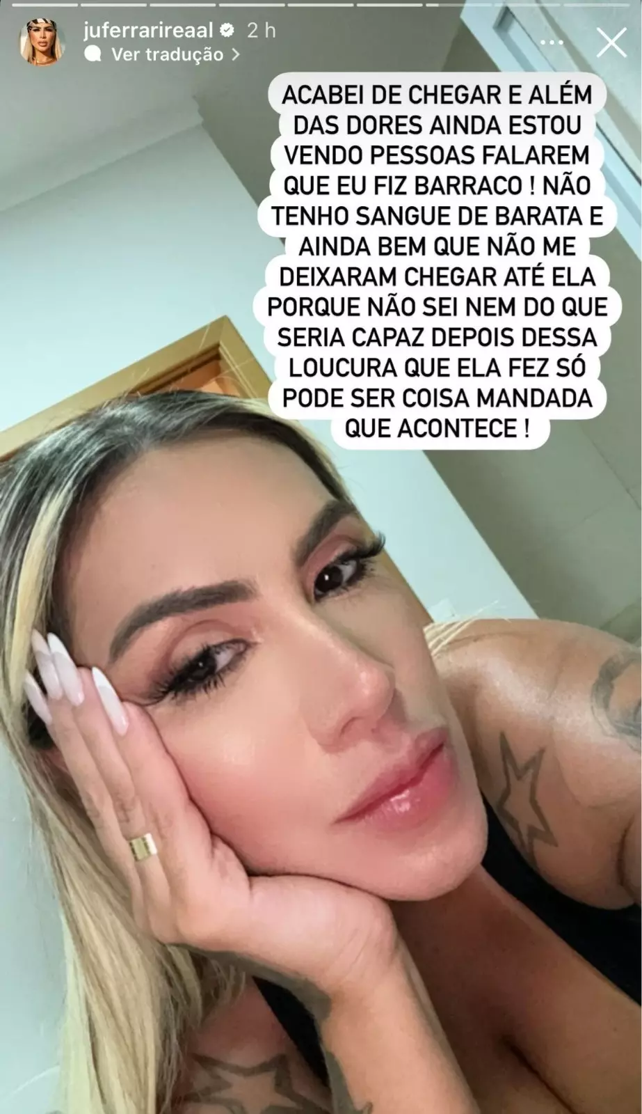 Juju Ferrari comentou sobre o episódio envolvendo a confusão na festa de Andressa Urach por meio dos stories de seu perfil no Instagram – Foto: Reprodução
