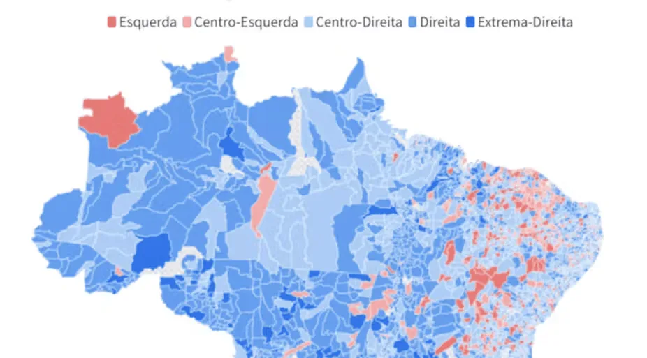 Mapa dos resultados eleitorais municipais nas últimas três eleições indica que predominância dos partidos de direita já não é novidade, especialmente na região Norte. Crescimento este ano já não foi tão acelerado, mas ainda deve aumentar com o segundo turno.