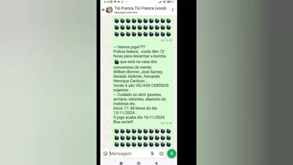 Print de mensagem de WhatsApp de “Tiü França”. Reprodução
