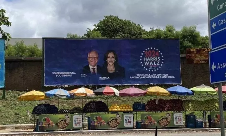 “Sou esquerdista, sou liberal”, diz outdoor pró-Kamala Harris em Governador Valadares (MG). Foto: Reprodução
