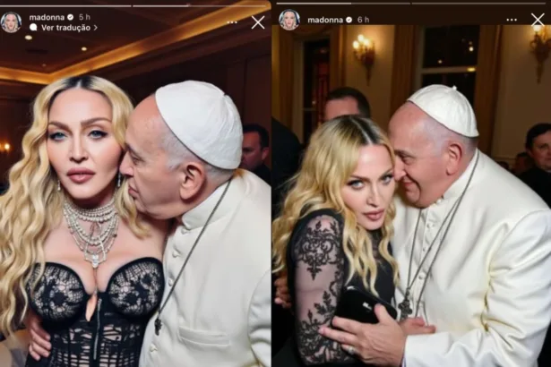 Madonna e Papa Francisco em fotomontagens compartilhadas pela artista – Foto: Reprodução