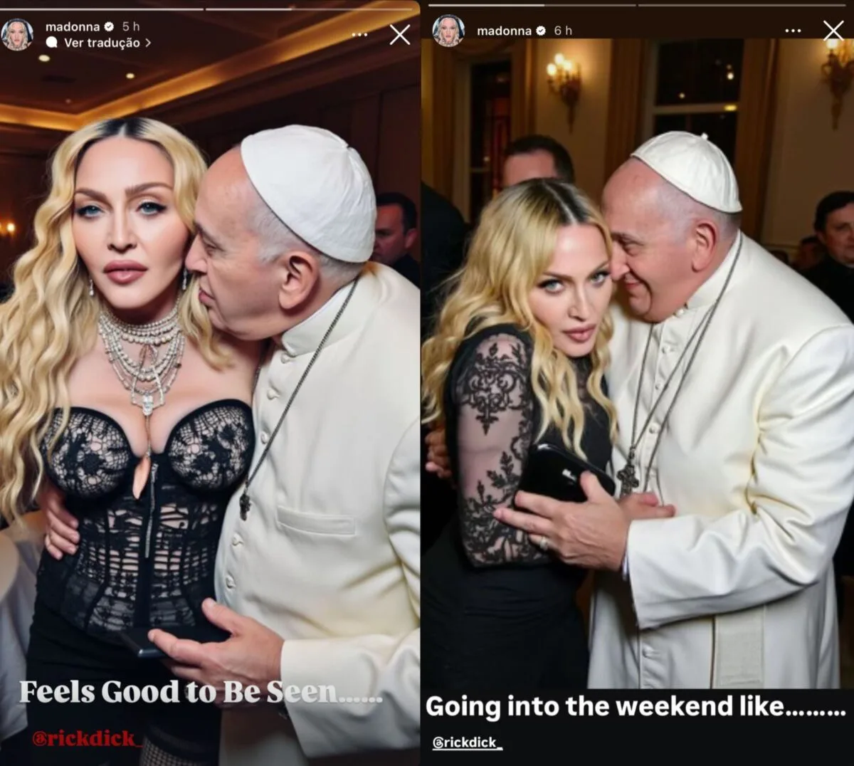 Madonna e Papa Francisco em fotomontagens compartilhadas pela artista – Foto: Reprodução