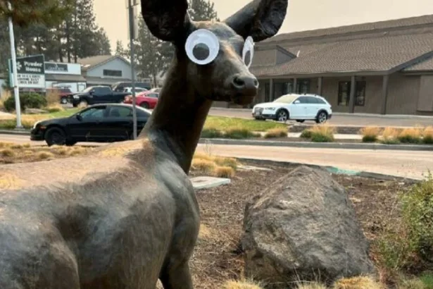 Escultura em Bend, Oregon, recebe olhos esbugalhados em brincadeira que divide opiniões