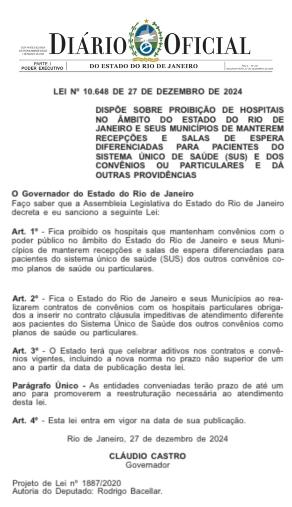 A Lei 10.648/2024 proíbe a separação de pacientes SUS e particulares em hospitais do Rio de Janeiro, garantindo igualdade no atendimento.