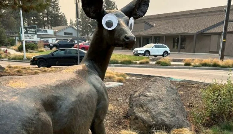 Escultura em Bend, Oregon, recebe olhos esbugalhados em brincadeira que divide opiniões