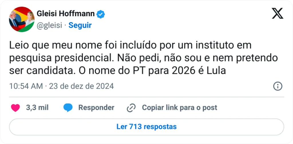 Gleisi Hoffmann nega candidatura e reforça apoio à reeleição de Lula