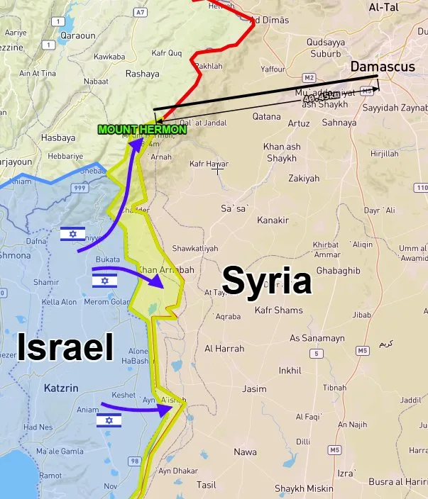 Israel apossou-se do Monte Hermon, a montanha mais alta da Síria, cujo pico atinge 2.814 metros. A capital da Síria, Damasco, fica a apenas 40 km de distância