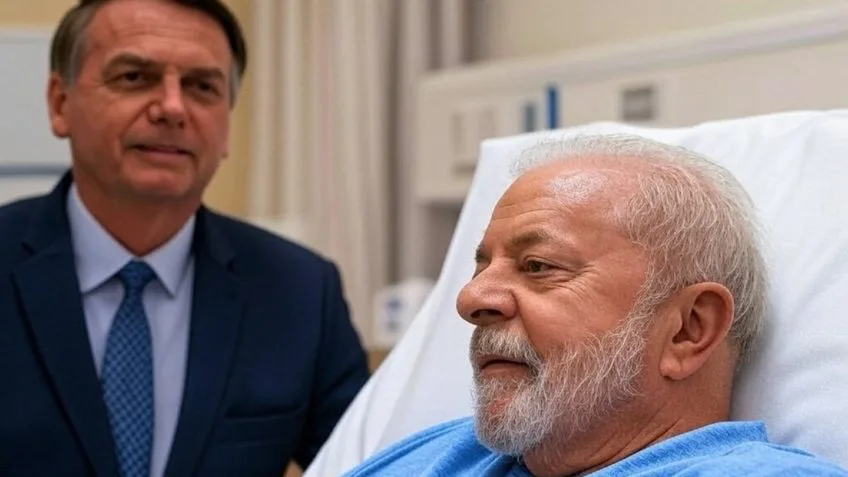 Montagem de Jair Bolsonaro em visita ao presidente Lula após cirurgia. Foto: Reprodução.
