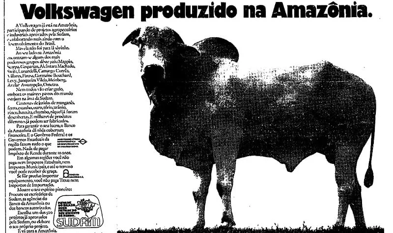 Anúncios pagos pelo governo exibiam um robusto touro com a seguinte mensagem: “Volkswagen produzido na Amazônia” - Reprodução