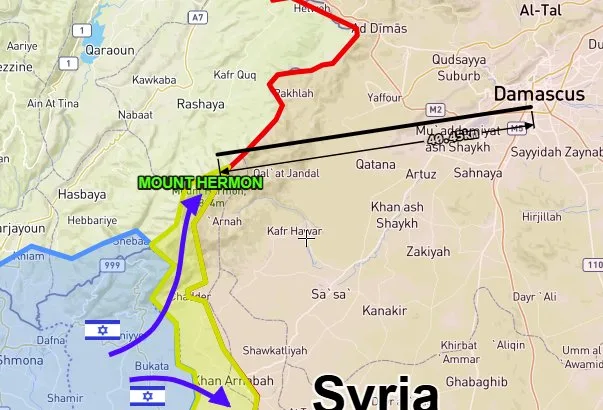 Israel apossou-se do Monte Hermon, a montanha mais alta da Síria, cujo pico atinge 2.814 metros. A capital da Síria, Damasco, fica a apenas 40 km de distância