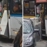 Passageiro tenta embarcar com geladeira em ônibus no Rio. Motorista impede entrada e tumulto é registrado por pedestre.