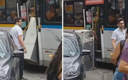 Passageiro tenta embarcar com geladeira em ônibus no Rio. Motorista impede entrada e tumulto é registrado por pedestre.