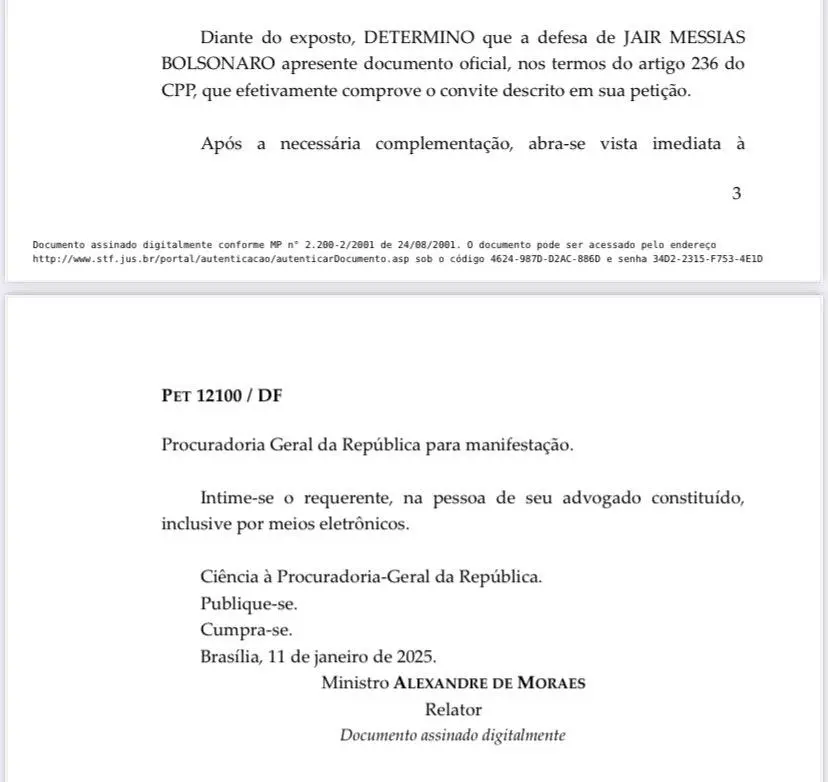 Documento em que Moraes determina que Bolsonaro comprove convite para posse de Trump. Foto: Reprodução
