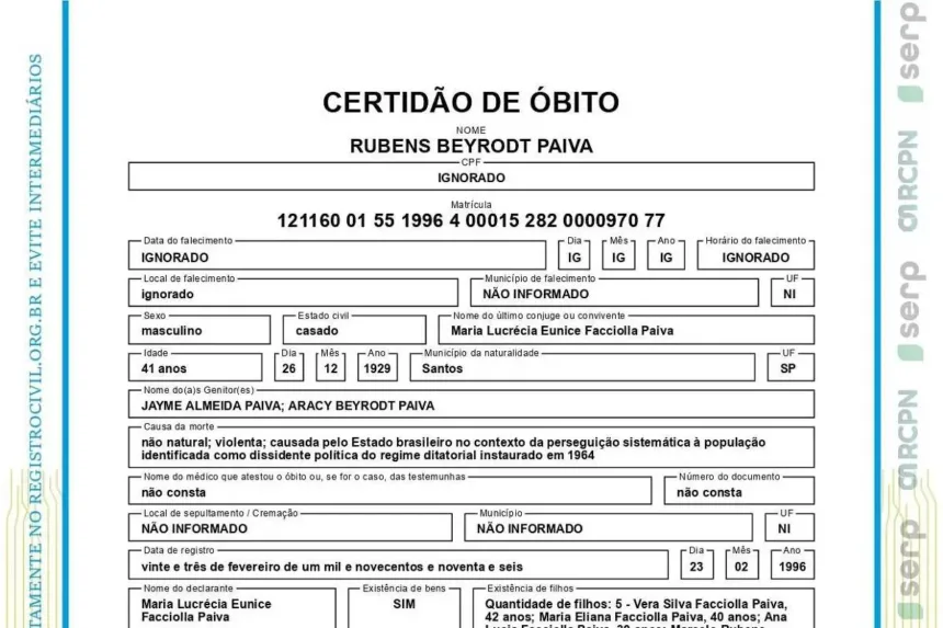 Certidão de óbito de Rubens Paiva é corrigida, reconhecendo morte violenta causada pelo Estado durante a ditadura militar no Brasil.