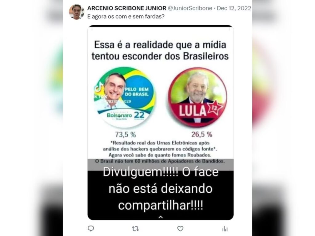 Fake news compartilhada por Arcenio sobre resultados das eleições em 2022. Foto: reprodução
