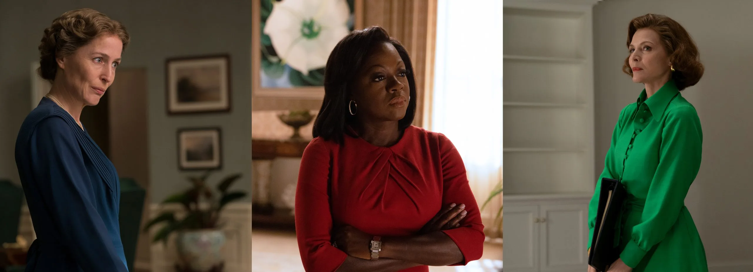 (L-R): Gillian Anderson as Eleanor Roosevelt, Viola Davis as Michelle Obama and Michelle Pfeiffer as Betty Ford in THE FIRST LADY. Photo credits: Daniel McFadden, Jackson Lee Davis and Murray Close/SHOWTIME.