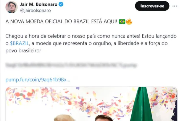 Post na conta do ex-presidente Jair Bolsonaro (PL) sobre criptomoeda após suposto ataque hacker. Foto: Reprodução