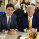 O primeiro-ministro Justin Trudeau e o presidente eleito Donald Trump em um jantar recente na propriedade de Trump em Mar-a-Lago, na Flórida. (X/@JustinTrudeau)