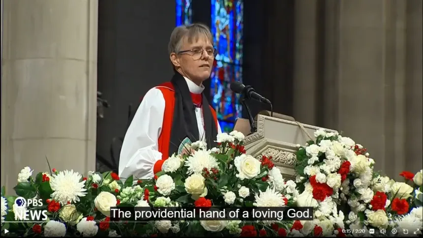 A bispa episcopal Mariann Edgar Budde durante culto na Catedral Nacional de Washington. Reprodução