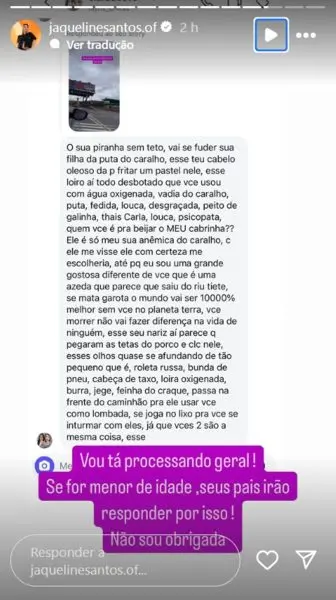 Mensagem recebida por Jaqueline Santos no Instagram. Foto: Reprodução
