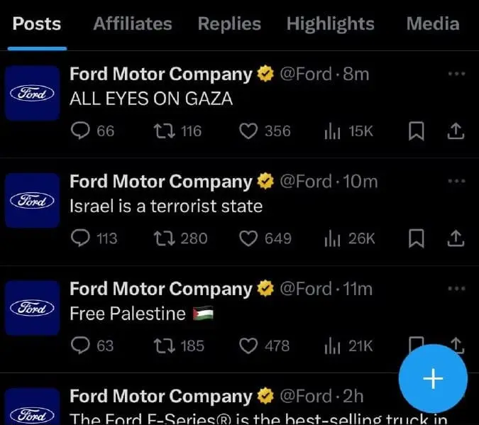 Mensagens da Ford no X contra o genocídio na Palestina